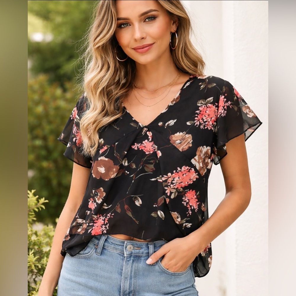 Klaxons Floral Blouse Women’s Size Small Black Mauve Floral V-Neck